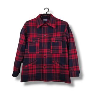 Vintage Pendleton Wool Jacket Plaid Mackinaw Cruiser Size Large Red Navy Blue